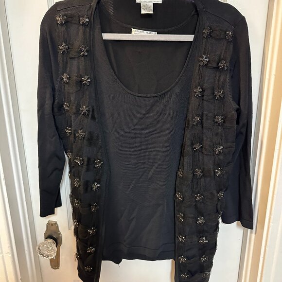 Alberto Makali 2 Piece Vintage Set: Blk Tank & Cardigan w/ Floral Rhinestones-L - Picture 1 of 6